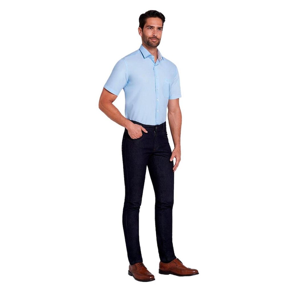Camisa Dudalina Masculina Manga Curta Tricoline Lisa Azul Médio