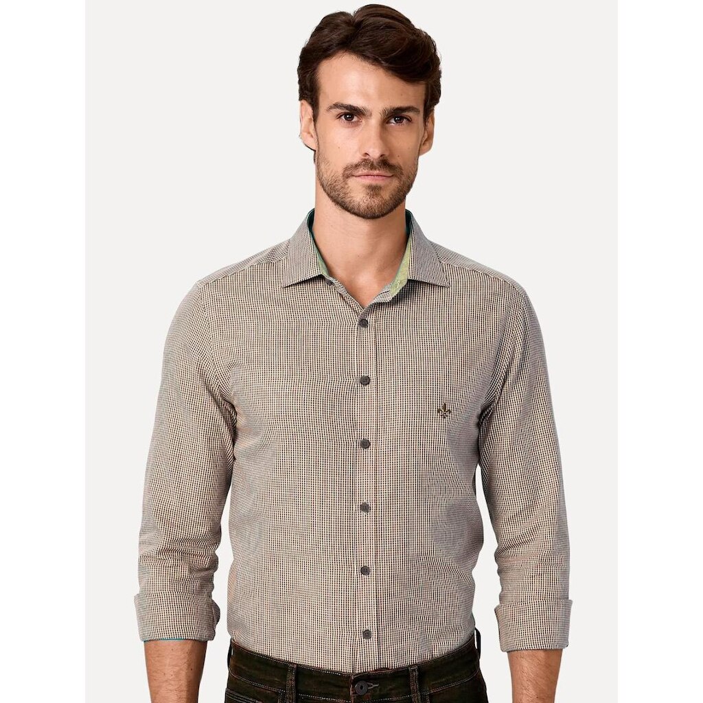 Camisa Dudalina Masculina Milano Superfine Cotton Micro Vichy Marrom Médio