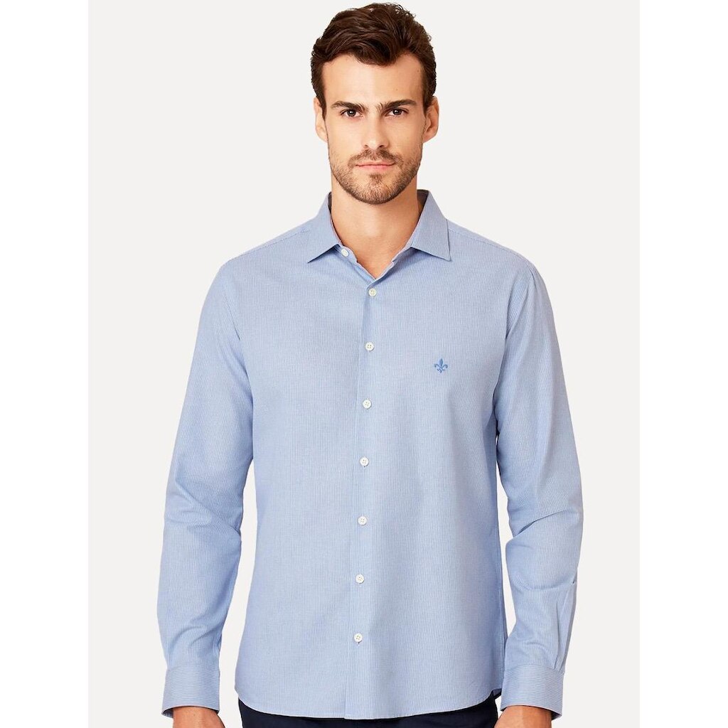 Camisa Dudalina Masculina Slim Superfine Cotton Listrada Light Azul Médio