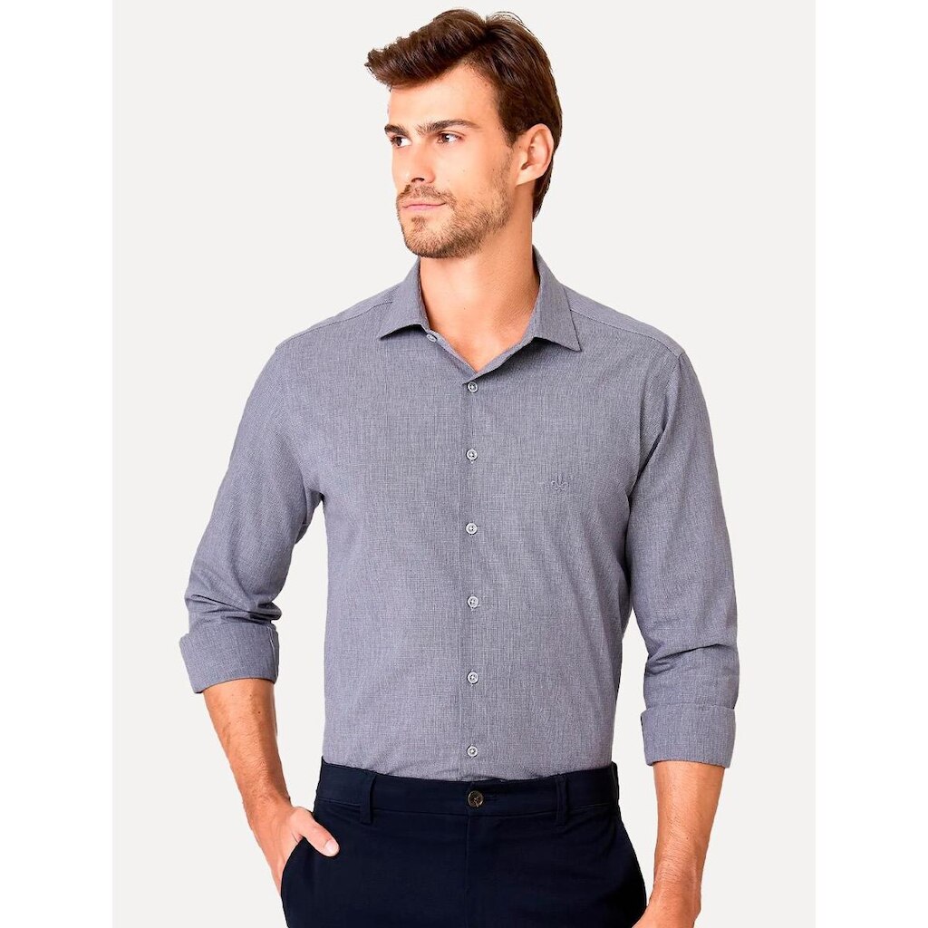 Camisa Dudalina Masculina Slim Superfine Vichy Melange Azul Marinho