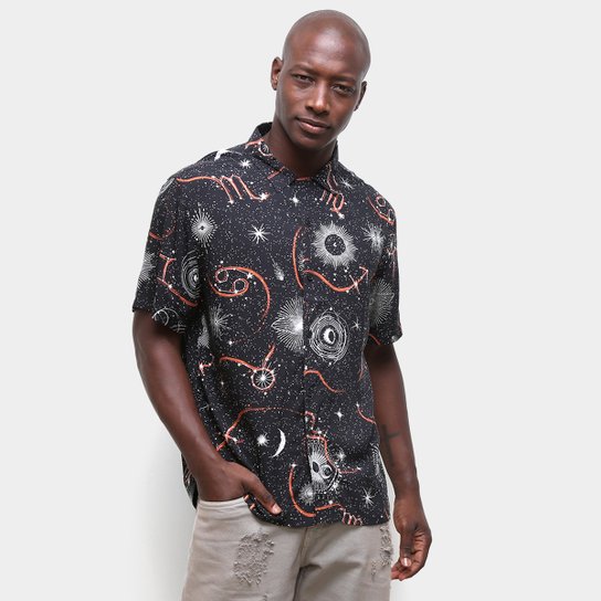 Camisa Ellus Estampada C/Botões Manga Curta Masculina - Preto