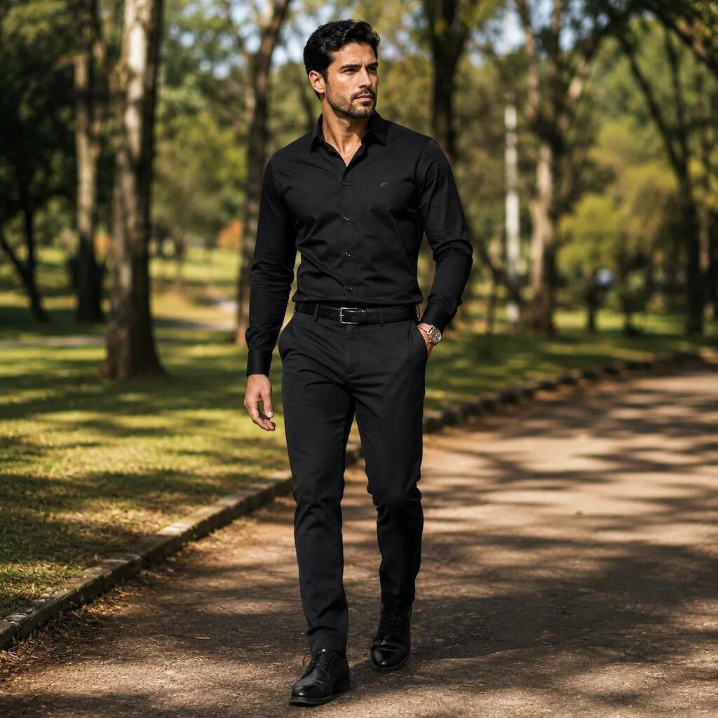 Camisa Ellus Masculina Modal Slim Preto Manga Longa
