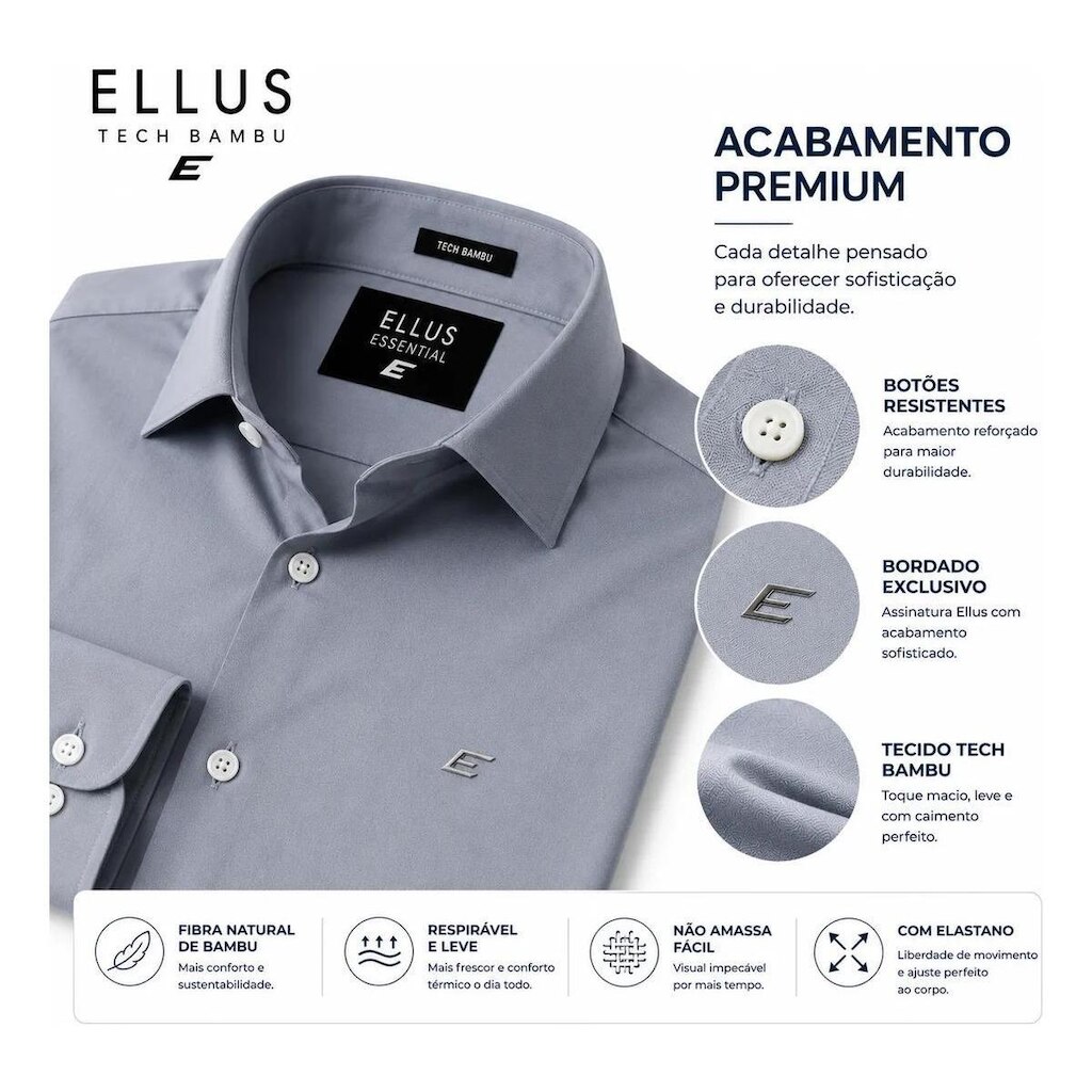 Camisa Ellus Tech Bambu Ld Regular Xangai Cinza Claro