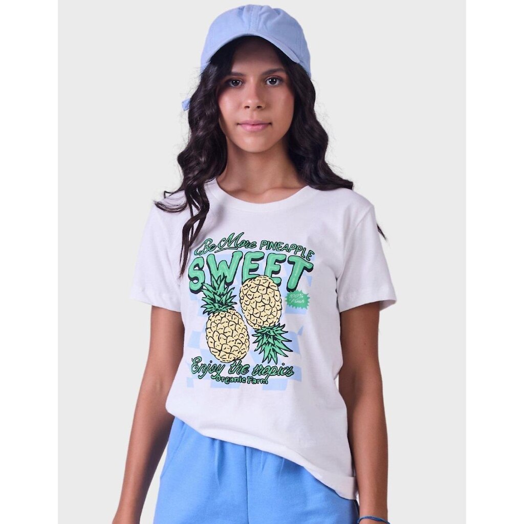 Camisa Estampa Abacaxi Detlahes Tropicais Manga Curta Estilo Moda Verão Novo Feminino 12 a 18