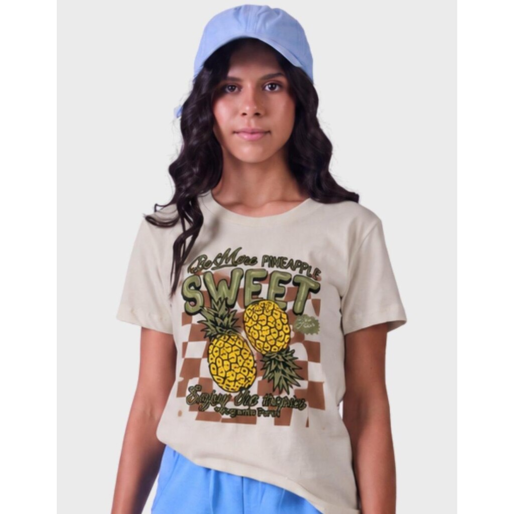 Camisa Estampa Abacaxi Detlahes Tropicais Manga Curta Estilo Moda Verão Novo Feminino 12 a 18