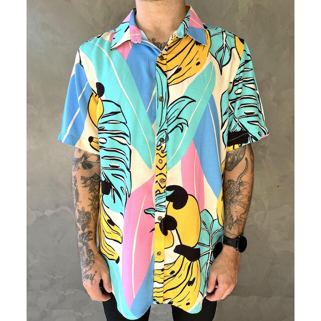 Camisa Estampada Masculina Manga Curta Botão Viscose