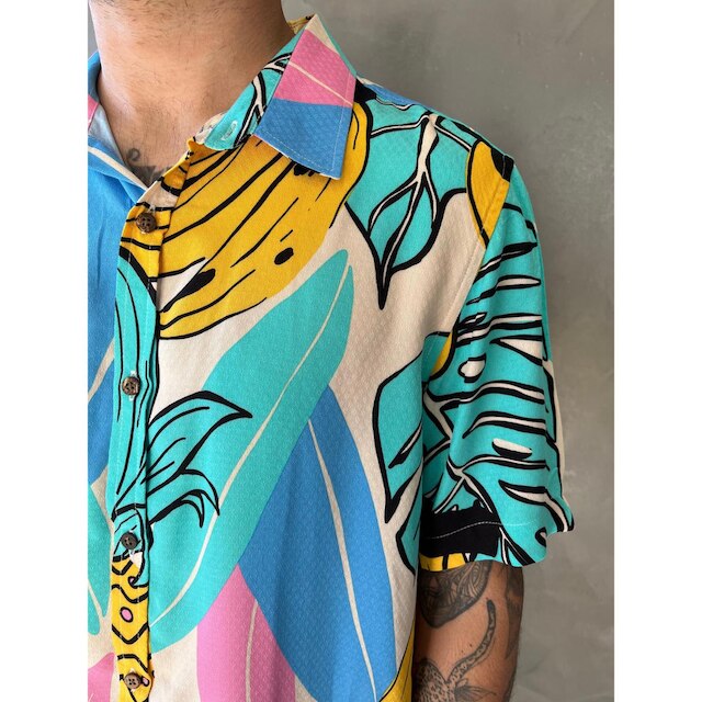 Camisa Estampada Masculina Manga Curta Botão Viscose