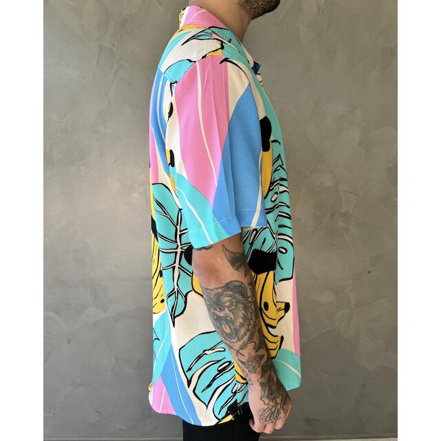 Camisa Estampada Masculina Manga Curta Botão Viscose