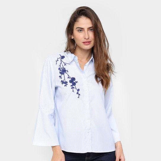 Camisa Facinelli Listrada Bordada Feminina - Branco+Azul