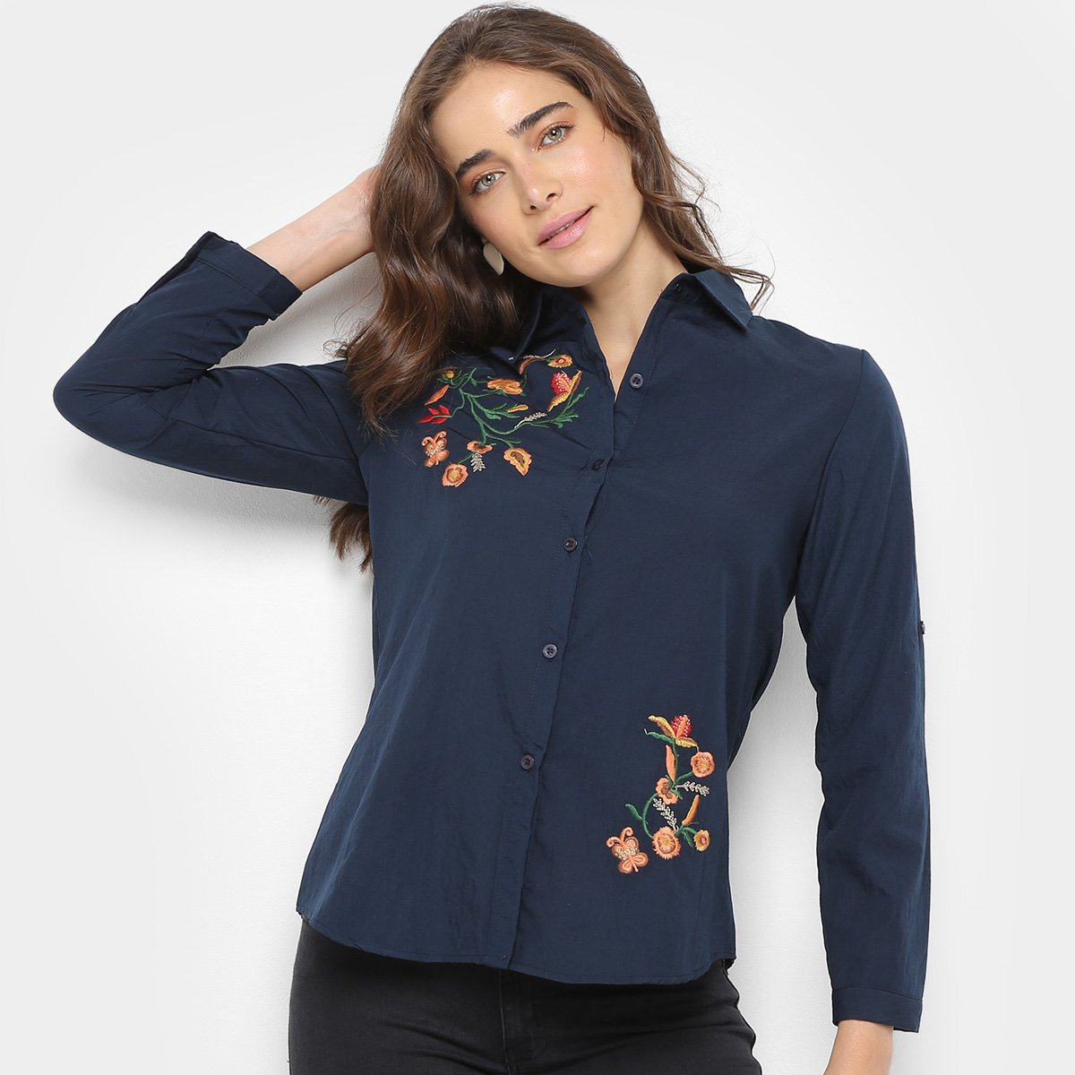 camisa social feminina bordada
