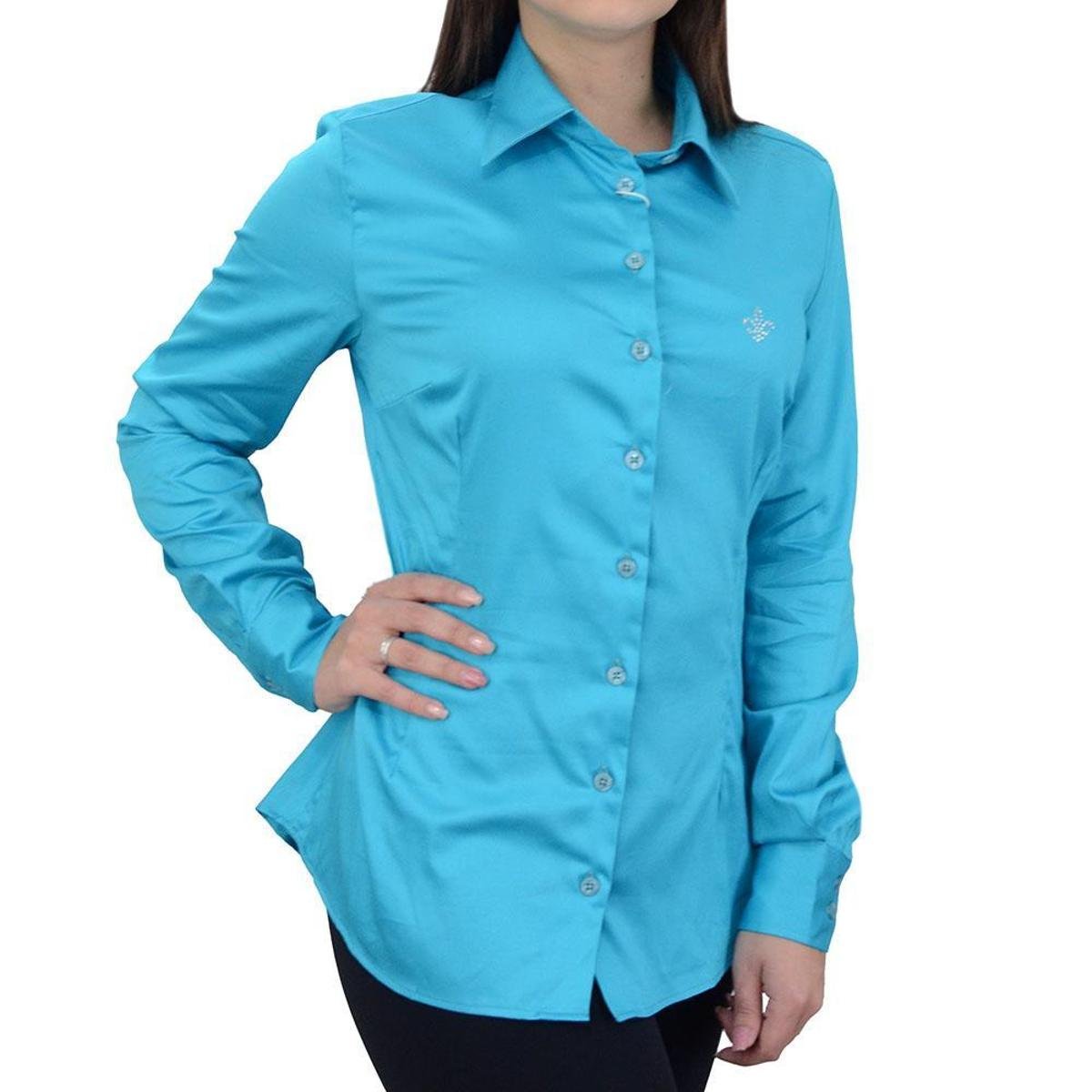 Blusa Feminina Blusa De Seda Azul Turquesa Camisa Slim Comprar