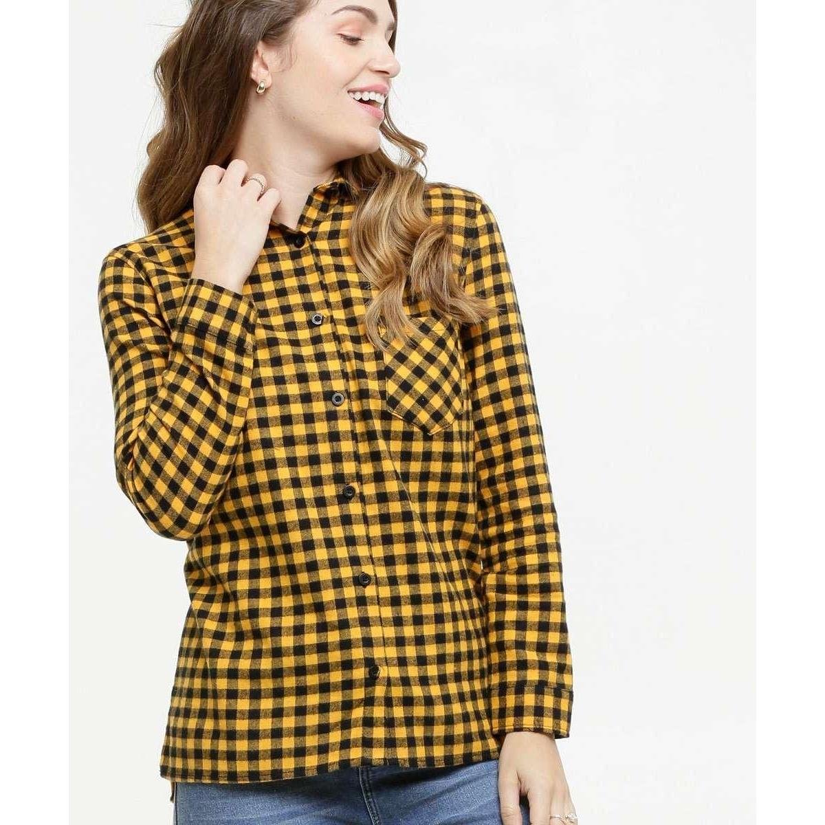 Camisa Feminina Flanelada Estampa Xadrez Marisa - Amarelo Menor preço em Camisa Feminina Flanelada Estampa Xadrez Marisa - Amarelo