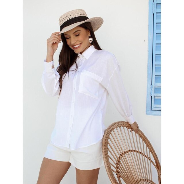 Camisa Feminina Linho Manga Longa Alfaiataria Trama