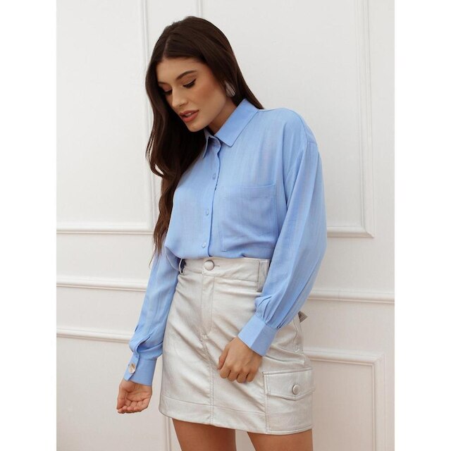 Camisa Feminina Linho Manga Longa Alfaiataria Trama