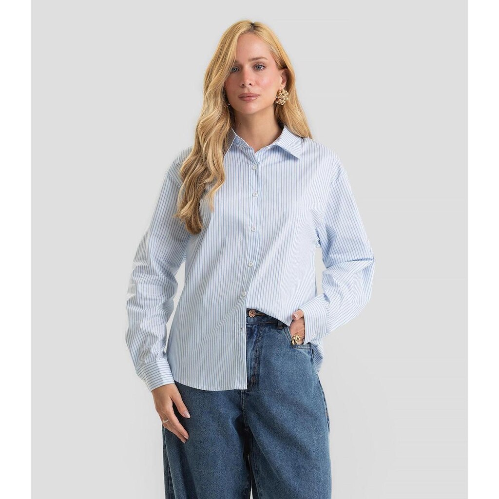 Camisa Feminina Listrada Longa Com Lurex Dianna Azul