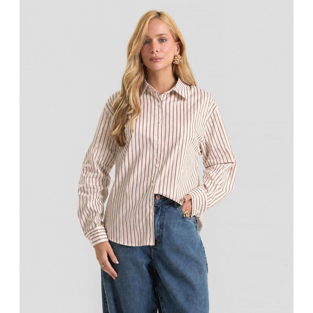 Camisa Feminina Listrada Longa Com Lurex Dianna Marrom