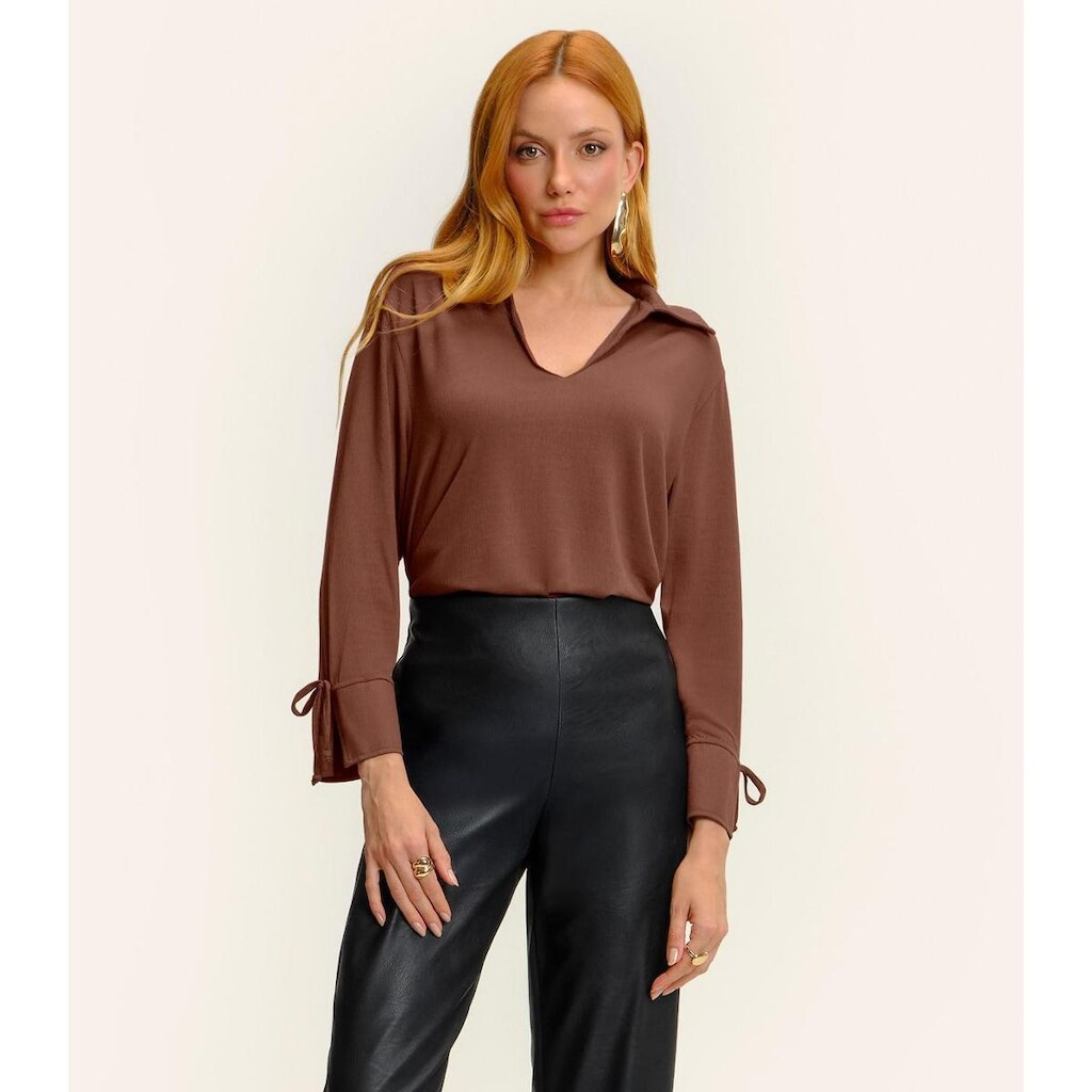 Camisa Feminina Manga Longa Decote V Endless Marrom