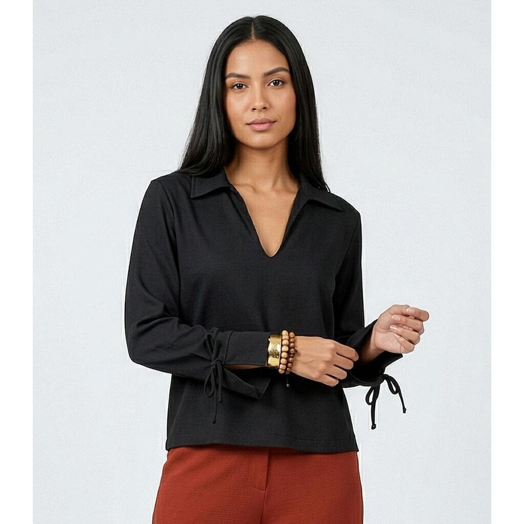 Camisa Feminina Manga Longa Decote V Endless Preto