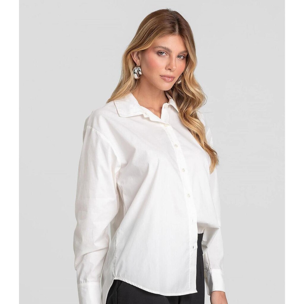 Camisa Feminina Manga Longa Tricoline Dianna Bege