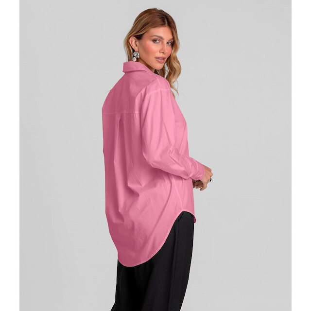 Camisa Feminina Manga Longa Tricoline Dianna Rosa