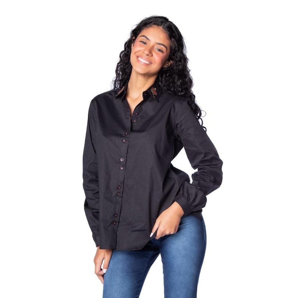 Camisa Feminina Pitt com Bordado na Gola Preto
