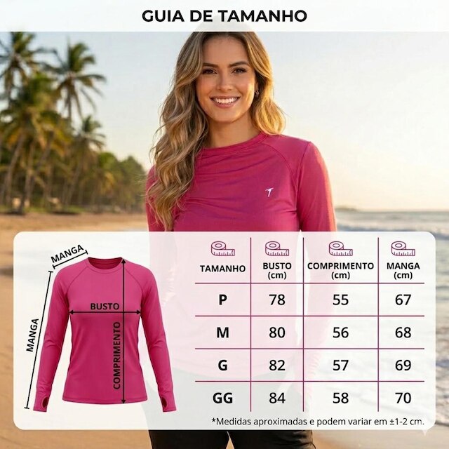 Camisa Feminina Proteção Solar Uv + 50 Camiseta Segunda Pele Térmica Longa Moda Praia