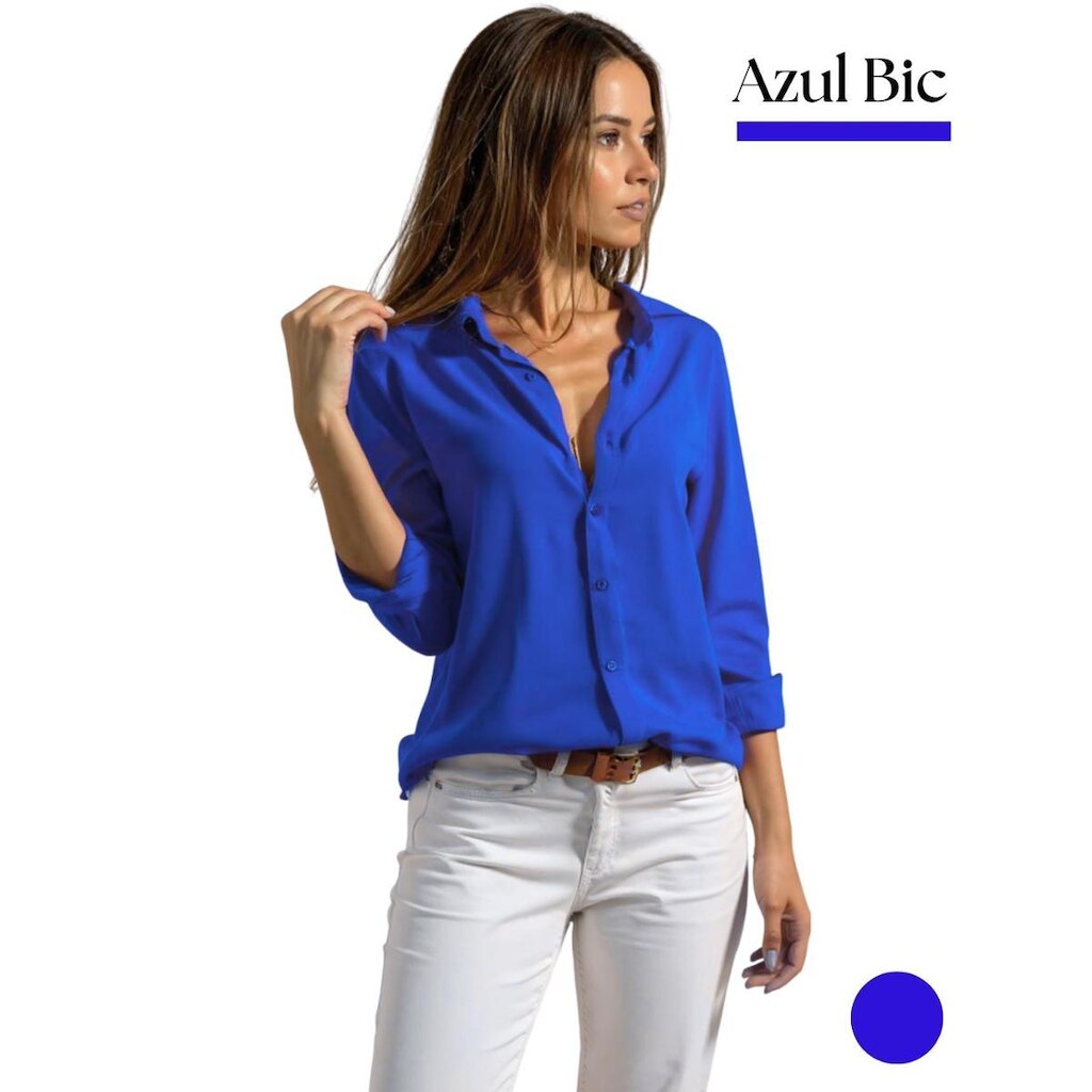 Camisa Feminina Social De Botão Alfaiataria Manga Longa Colarinho Italiano Acabamento Premium Linho