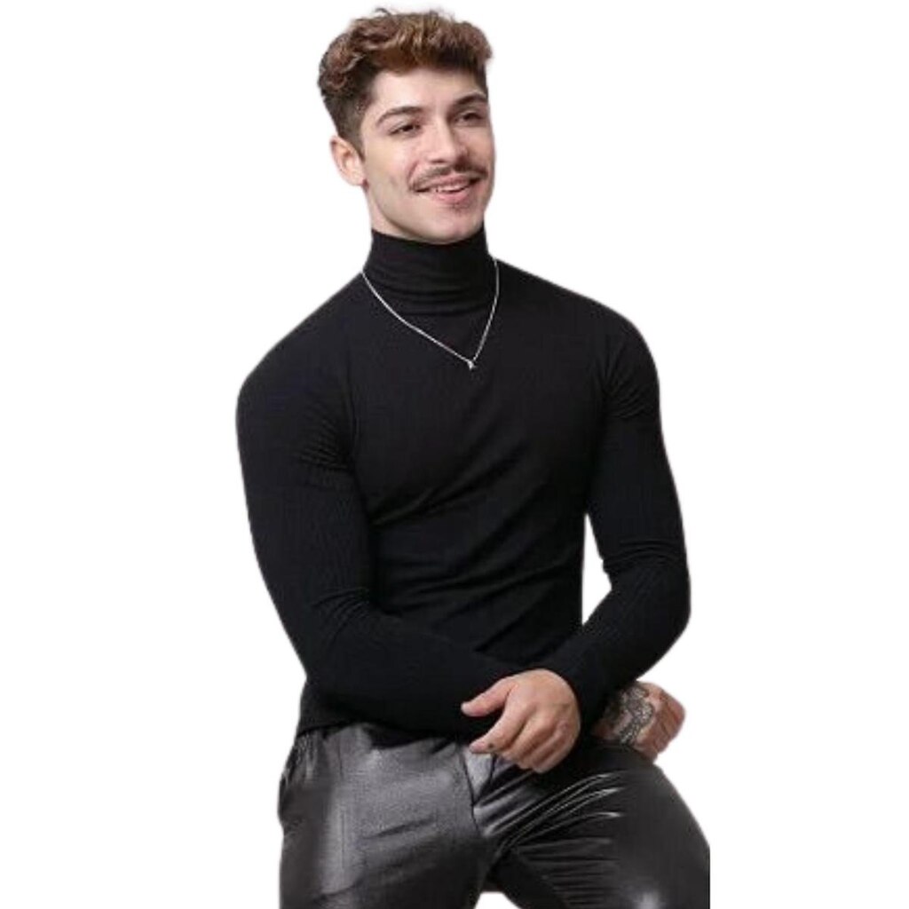 Camisa Gola Alta Masculina Cacharrel Sueter Canelada Manga Longa Rolê Slim masculino