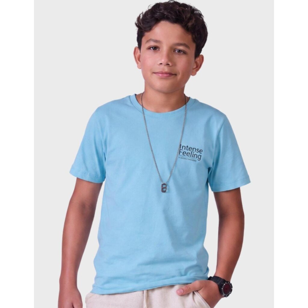 Camisa Gola Canona Manga Curta Meia Malha Estampa Escrita Estilo Tropical Masculino 12 a 18