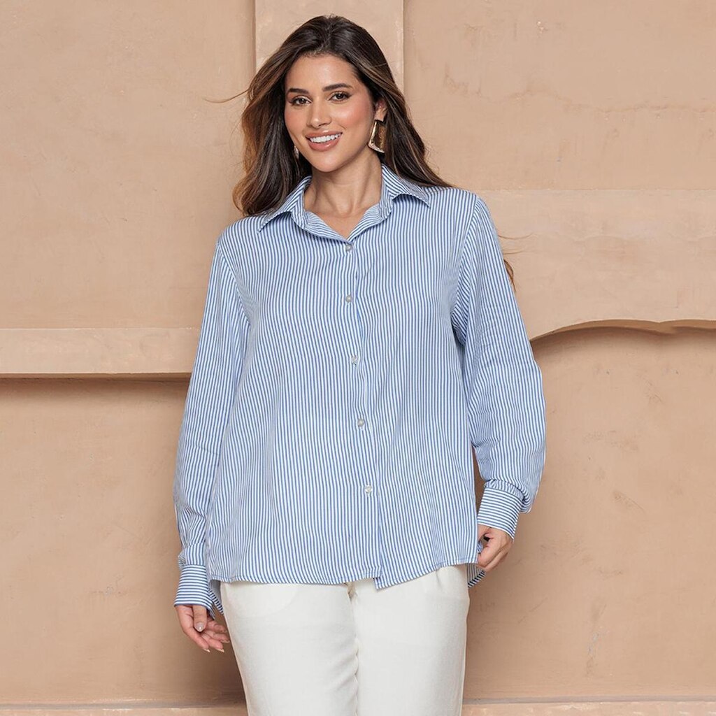 Camisa Heloisa – Manga Longa com Botões – BBonnie Listrado Azul