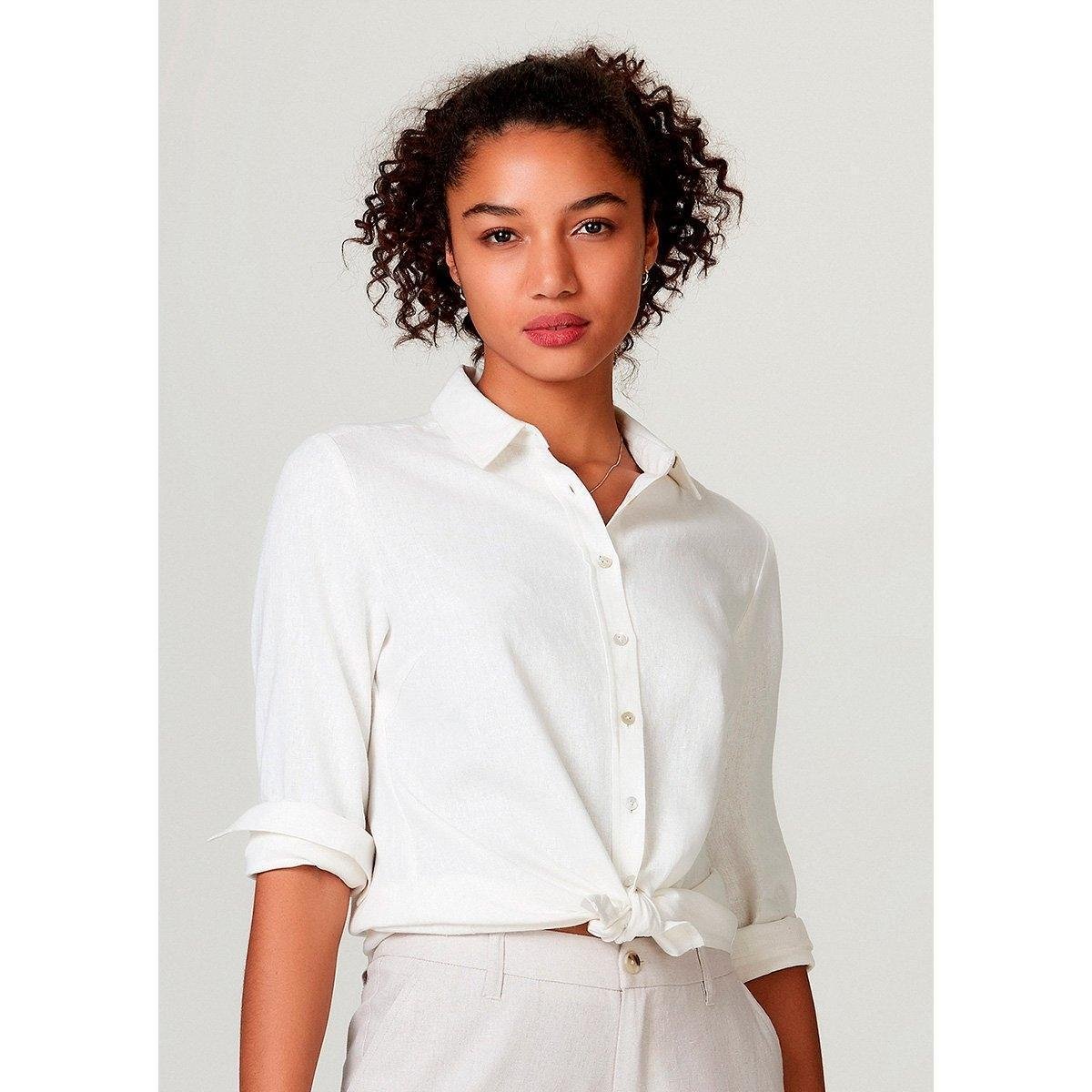 Camisa Hering Básica Manga Longa em Linho Feminina - Off White Menor preço em Camisa Hering Básica Manga Longa em Linho Feminina - Off White