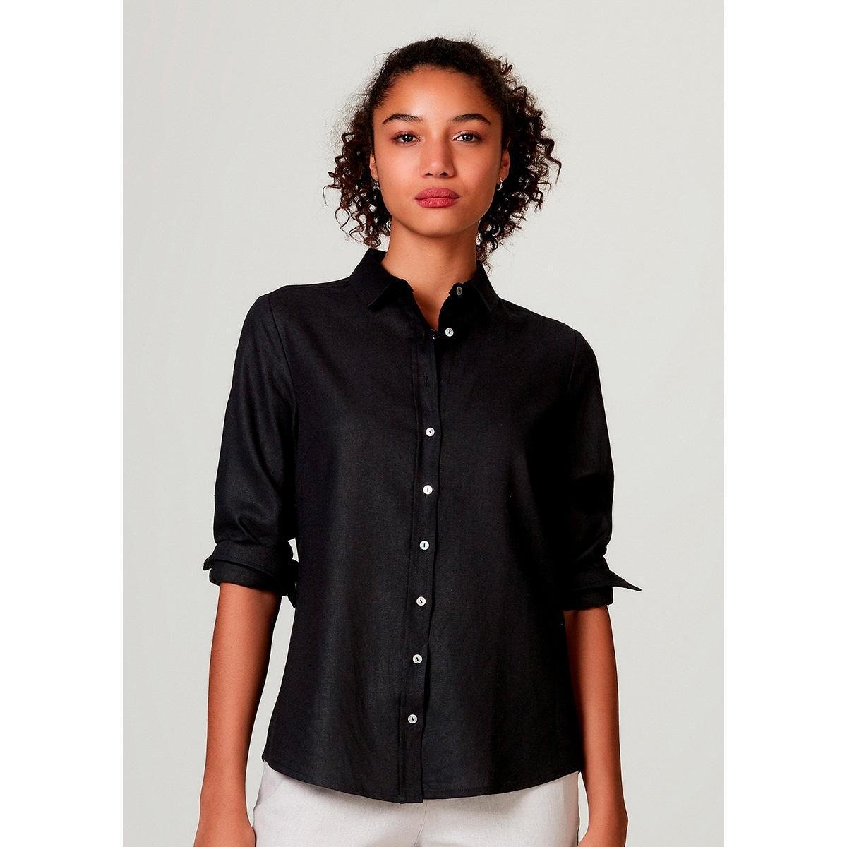 Camisa Hering Básica Manga Longa em Linho Feminina - Preto Menor preço em Camisa Hering Básica Manga Longa em Linho Feminina - Preto