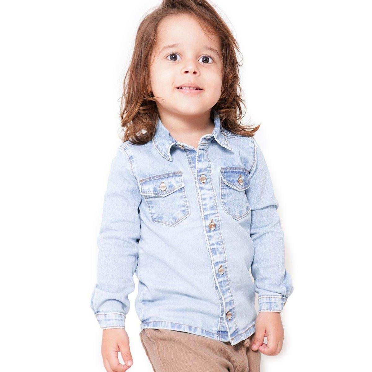 Camisa Infantil Jeans Tradicional Menino Menor preço em Camisa Infantil Jeans Tradicional Menino