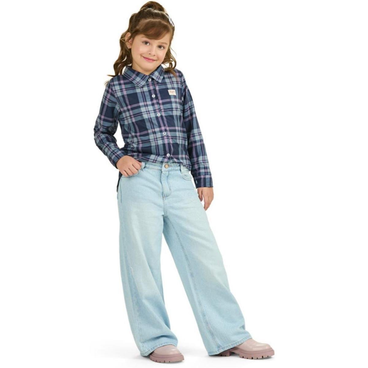 Camisa Infantil Menina Inverno Flanela Xadrez Marinho Angerô
