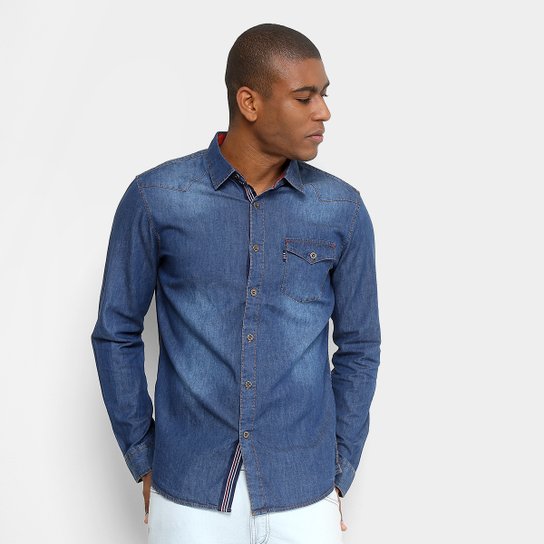 Camisa Jeans Broken Rules Manga Longa com Bolso Masculina - Azul