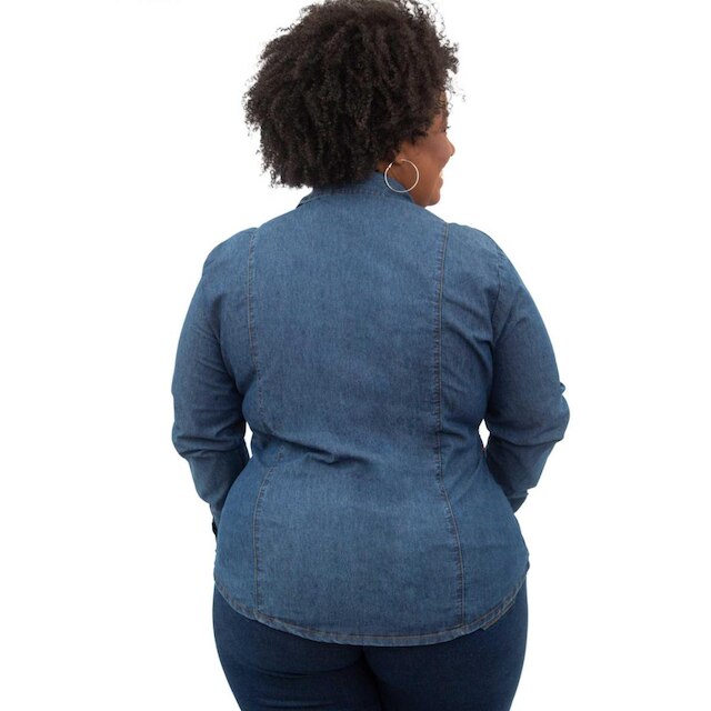 Camisa Jeans Fem Plus Size com Lycra Manga longa