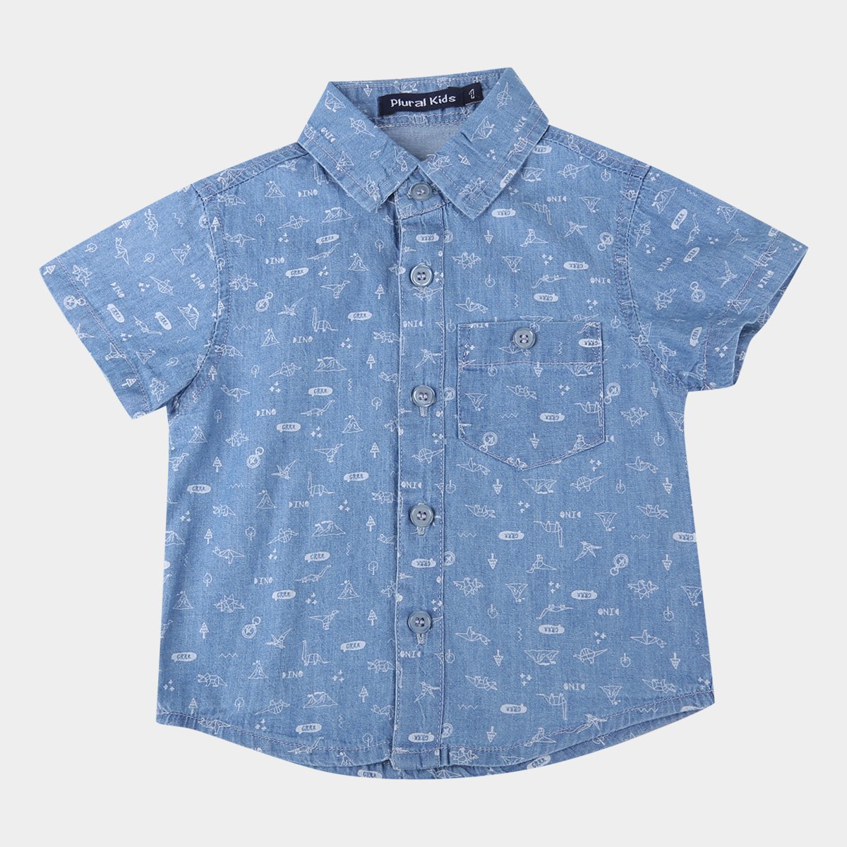 Camisa Jeans Infantil Plural Kids Dino Masculina - Azul Menor preço em Camisa Jeans Infantil Plural Kids Dino Masculina - Azul