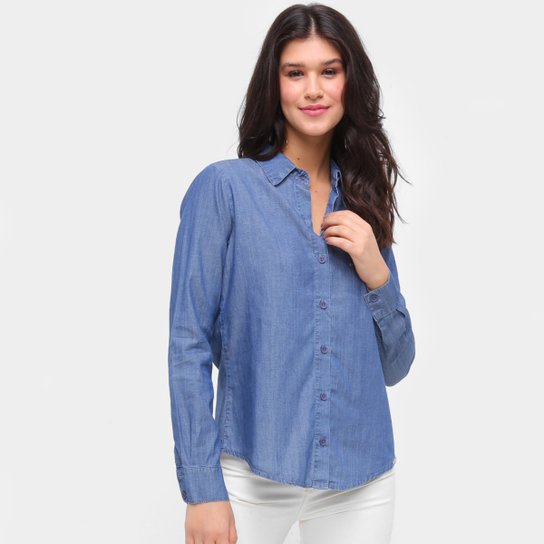 Camisa Jeans Influencer Botões Manga Longa Feminina - Azul