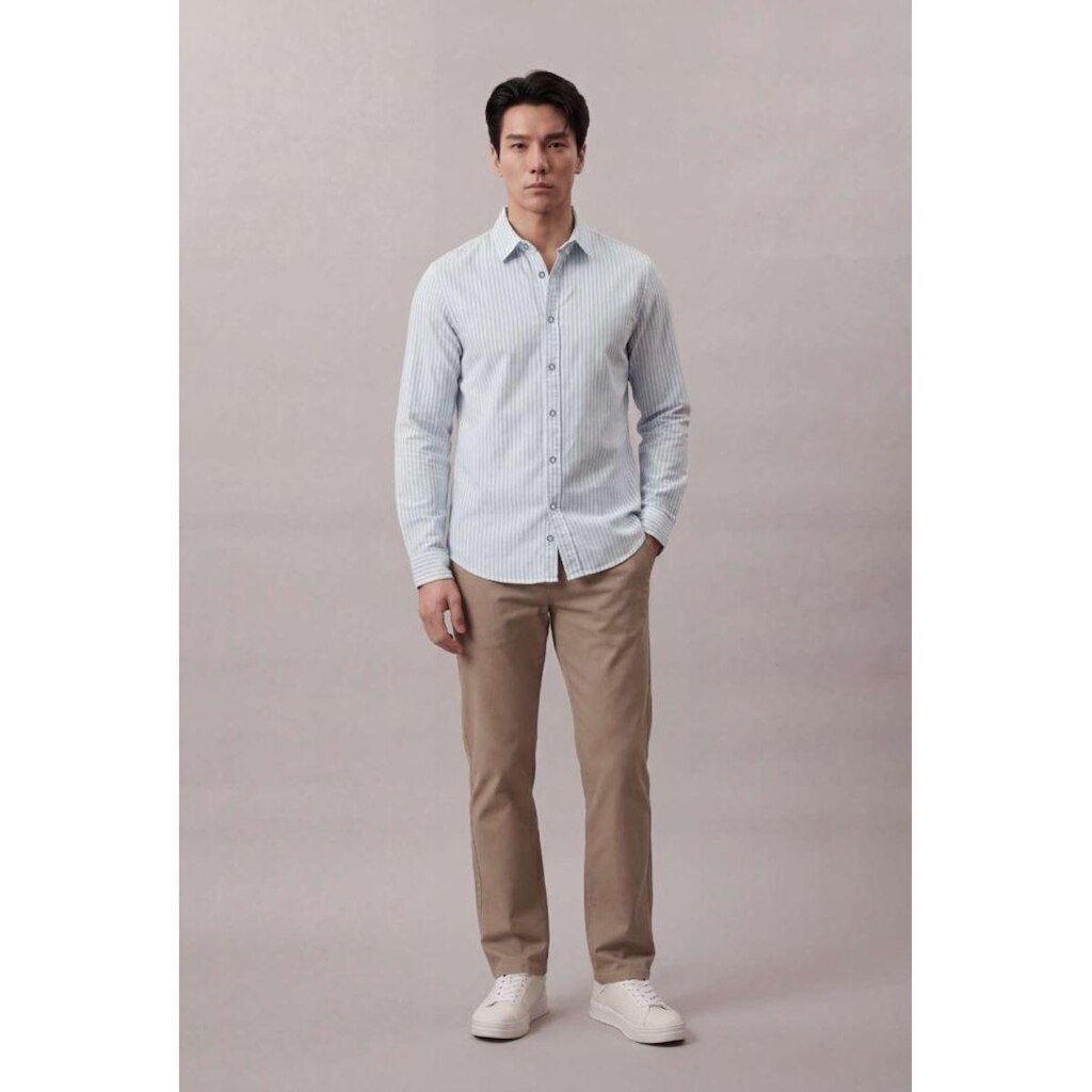Camisa Jeans Listrada Botões Pressão - Azul Claro