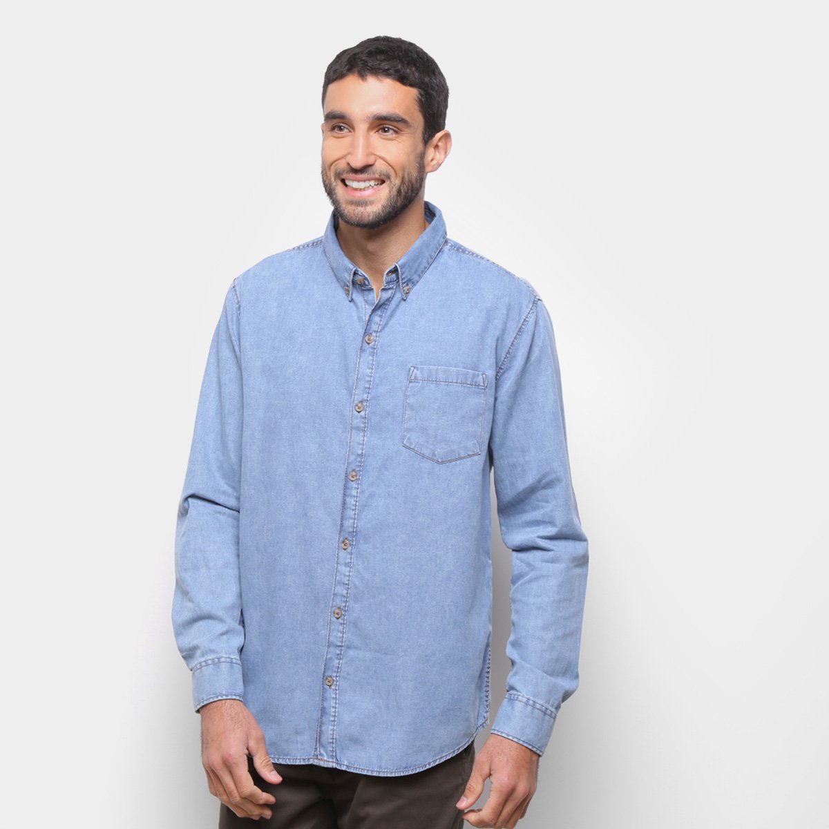 Camisa Jeans Manga Longa Hering Bolso Masculina - Azul Menor preço em Camisa Jeans Manga Longa Hering Bolso Masculina - Azul