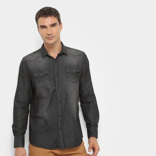 Camisa Jeans Manga Longa Watkins & Krown Estonada Masculina - Preto