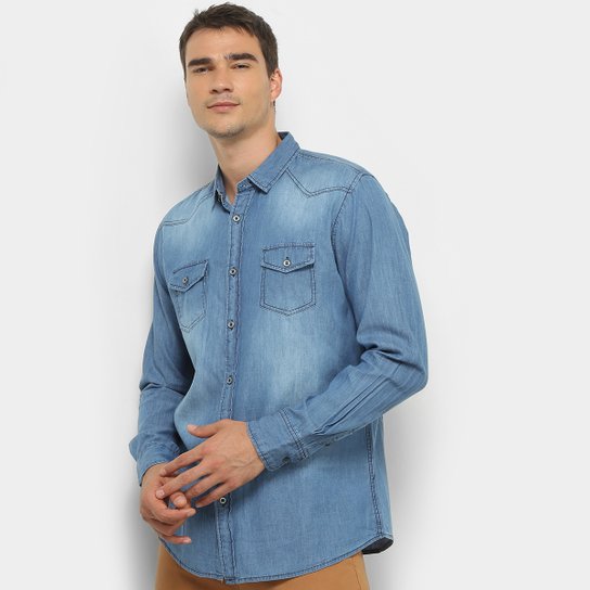 Camisa Jeans Manga Longa Watkins & Krown Estonada Masculina - Azul Claro