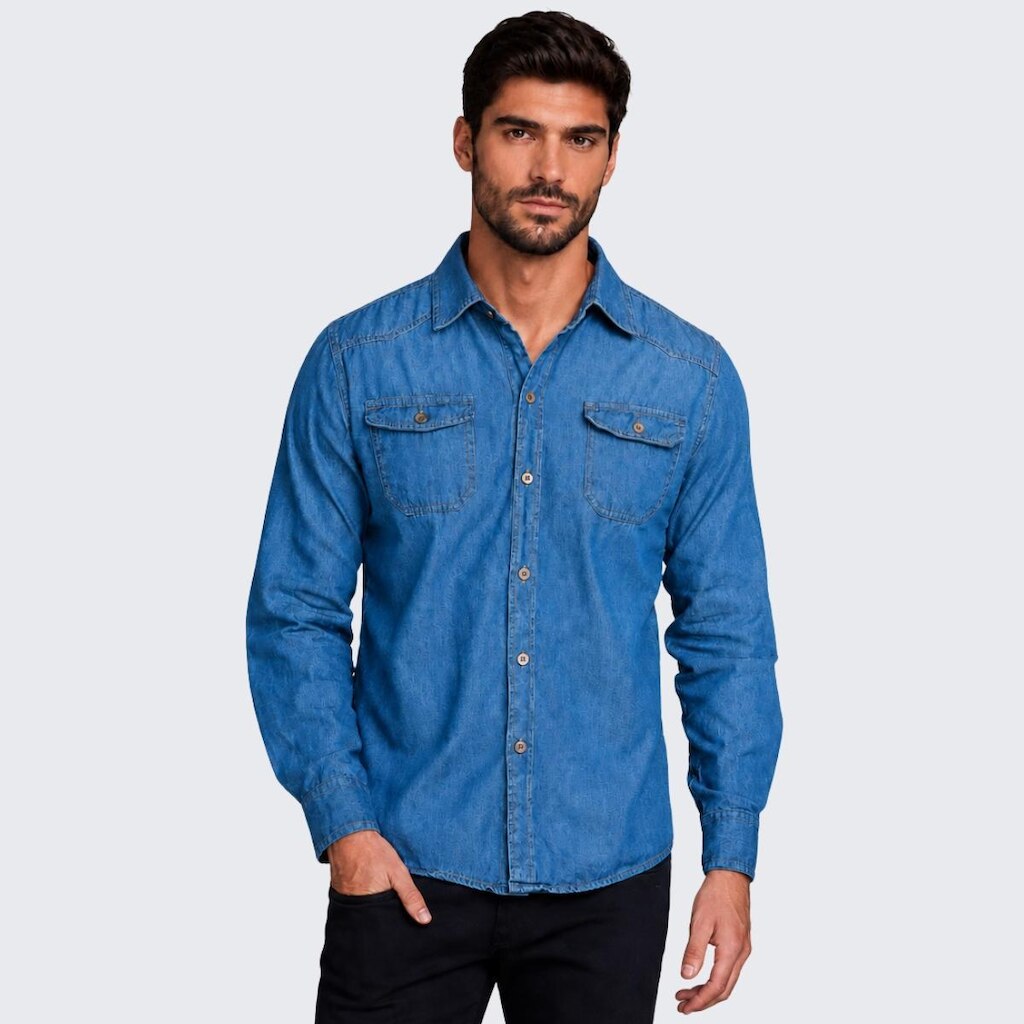 Camisa Jeans Masculina Manga Longa Lisa Com Bolso
