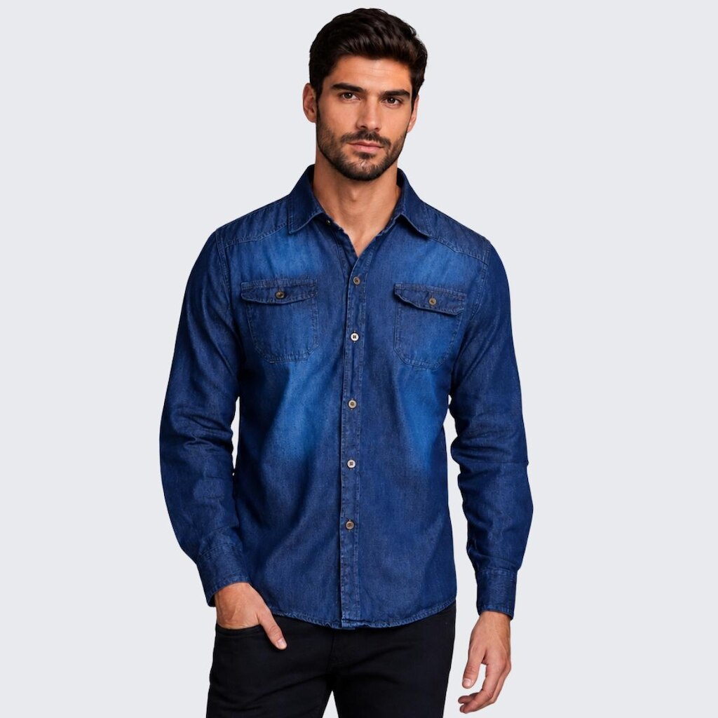 Camisa Jeans Masculina Manga Longa Lisa Com Bolso