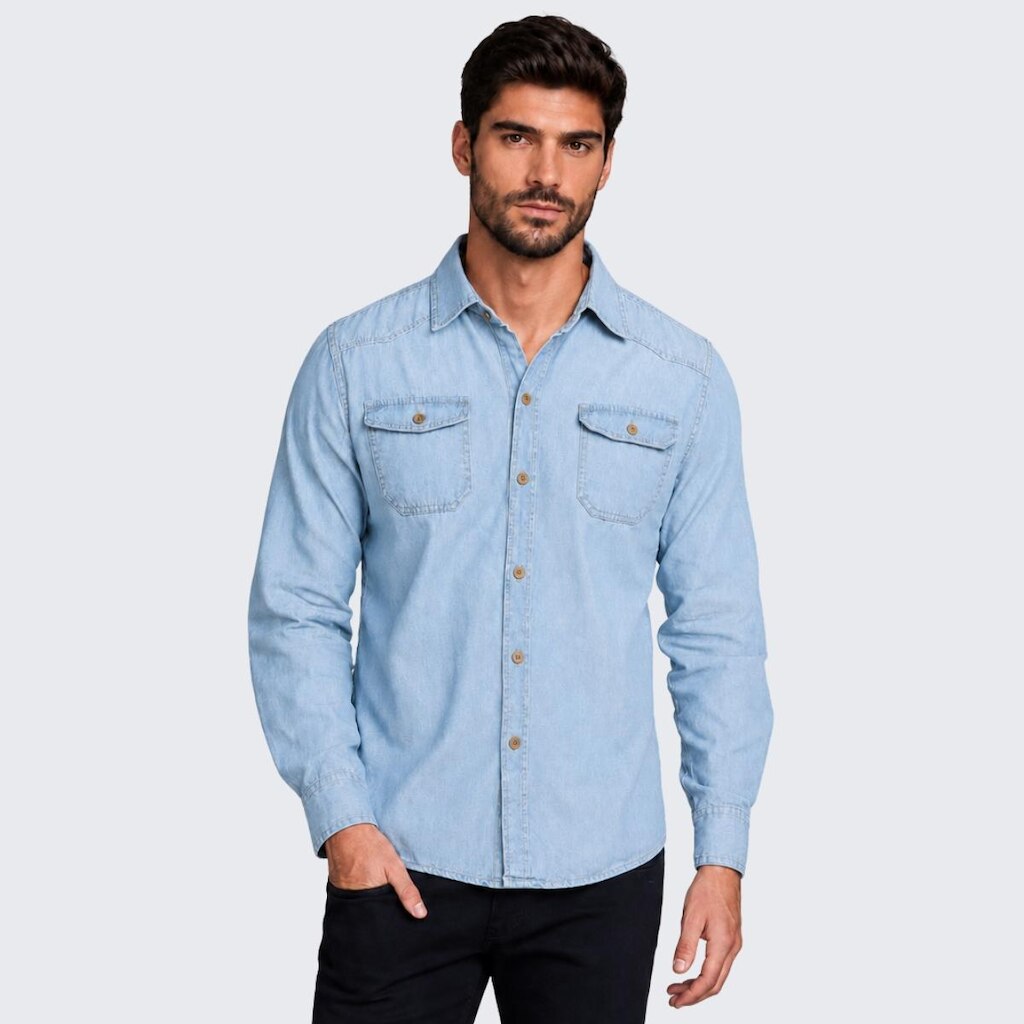 Camisa Jeans Masculina Manga Longa Lisa Com Bolso