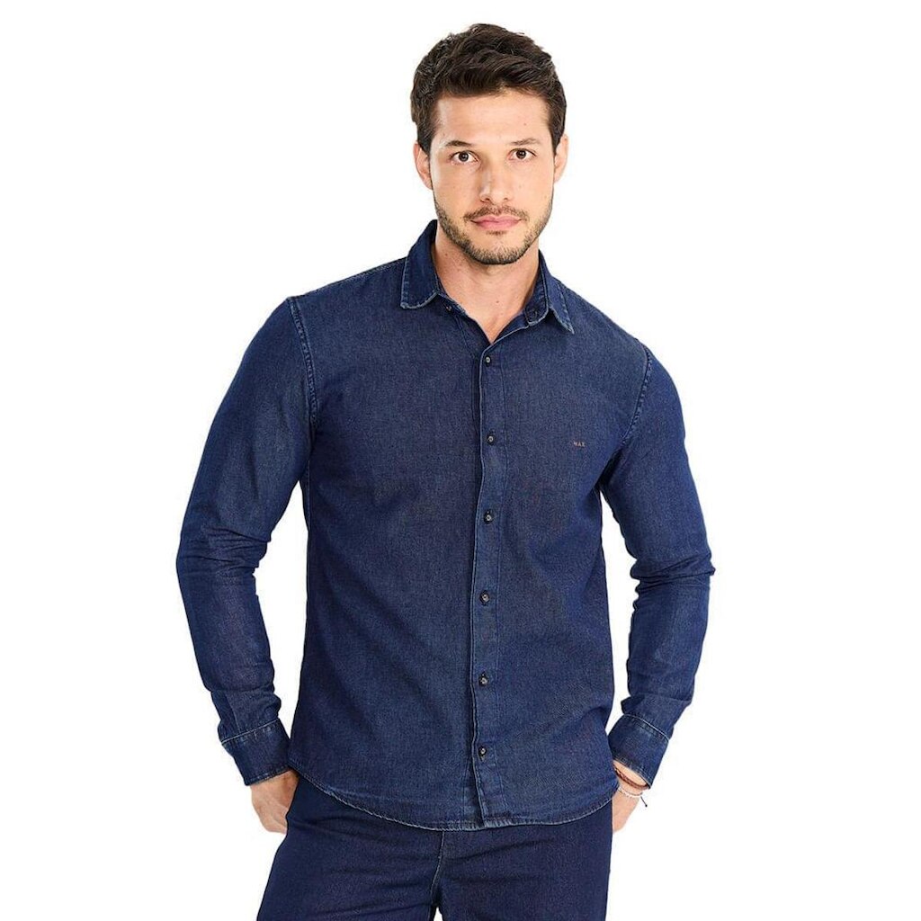 Camisa Jeans Masculina Max Denim Manga Longa Azul Escuro