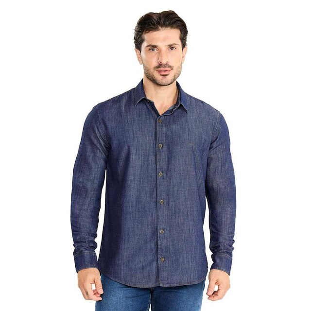 Camisa Jeans Masculina Max Denim Slim Azul Escuro