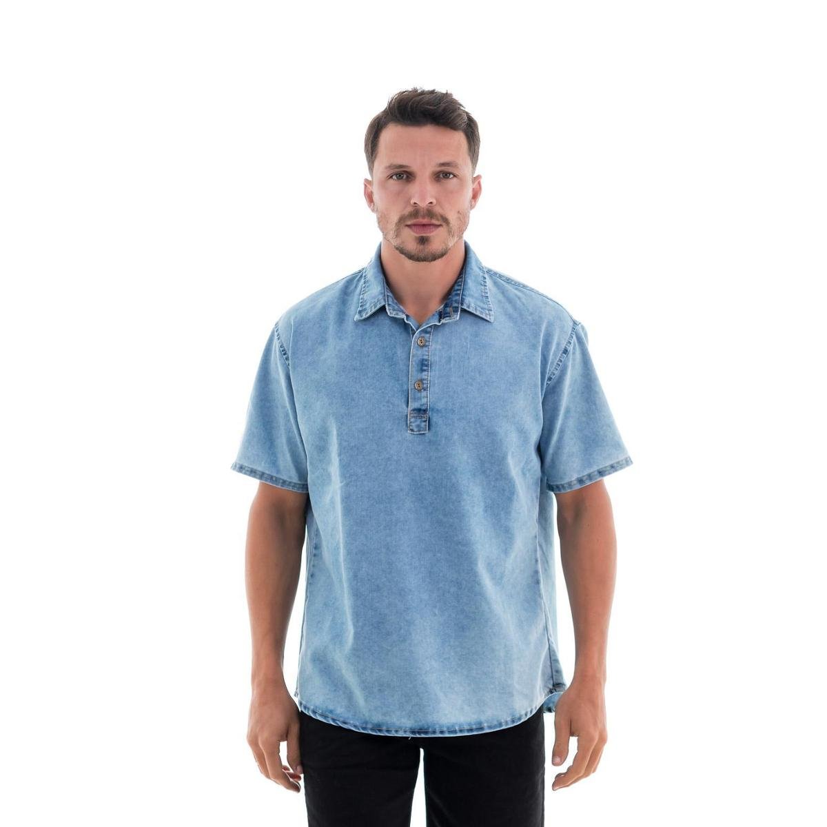 Camisa Jeans Masculina M/C Slim Gola Polo Menor preço em Camisa Jeans Masculina M/C Slim Gola Polo