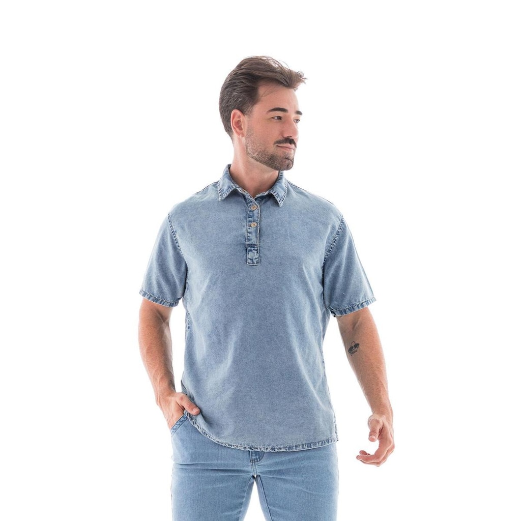 Camisa Jeans Masculina M/c Slim Gola Polo