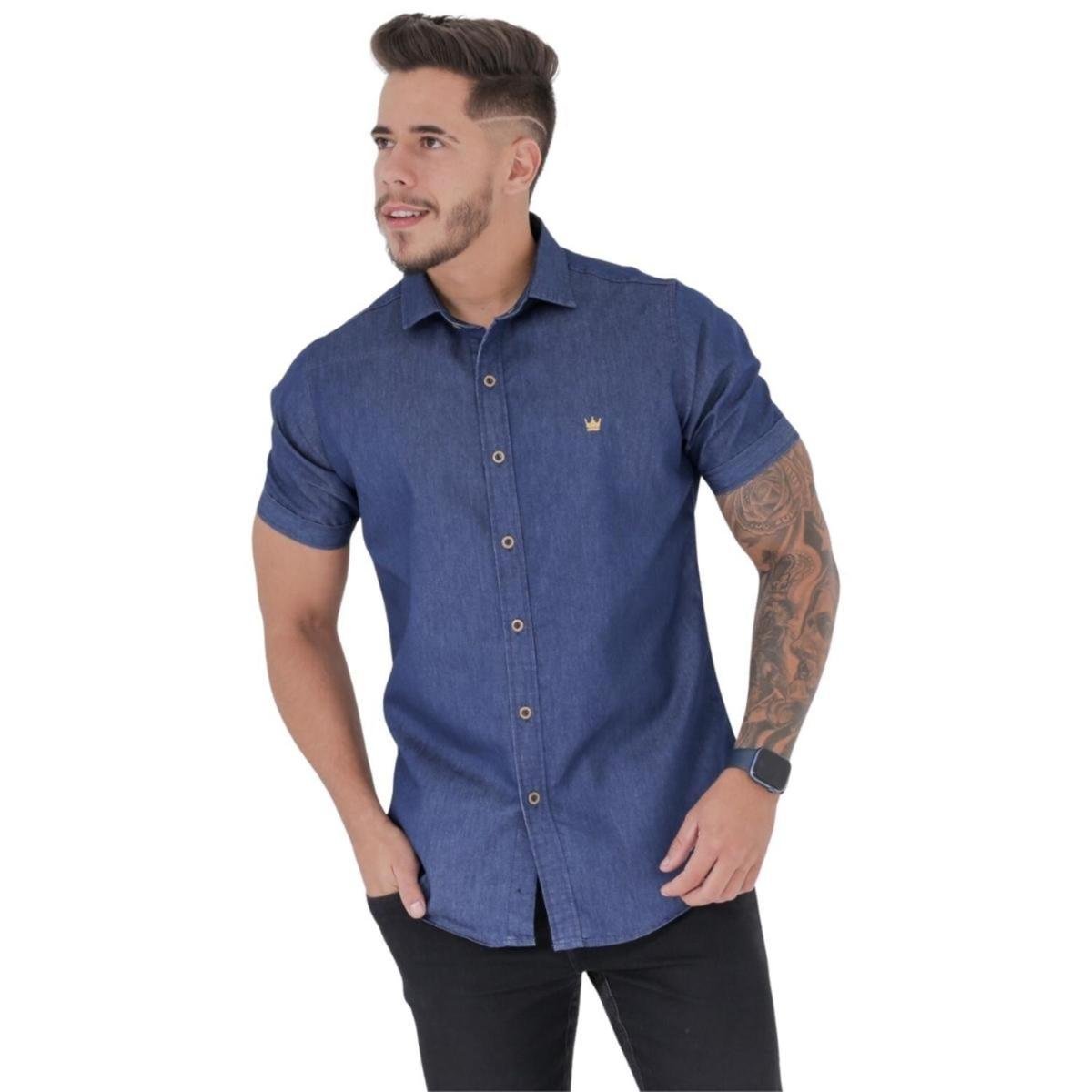 Camisa Jeans Masculina Slim Fit Manga Curta Social Premium Zattini